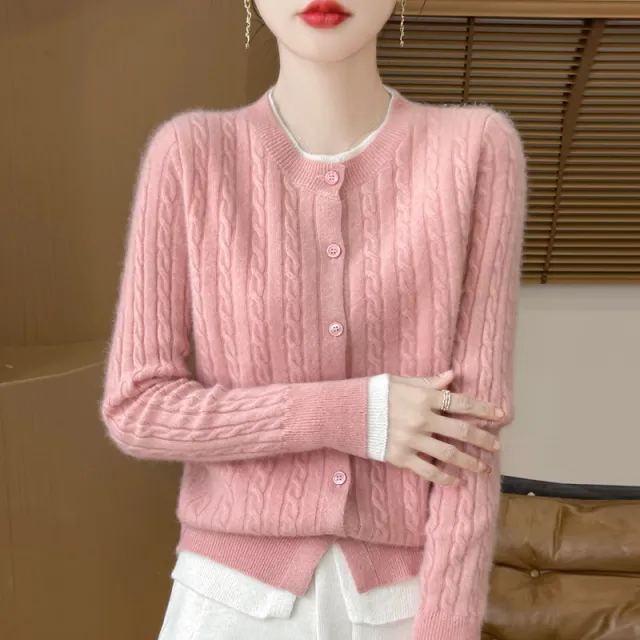 O neck Short Small Twist Knitted False Two Pieces Color Matching Cardigan Jacket Pink - Shop at LoveMi