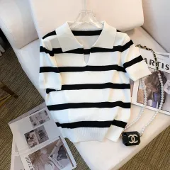 Striped V-neck Short-sleeved T-shirt Ice Silk Knitted Top - Black - View 1