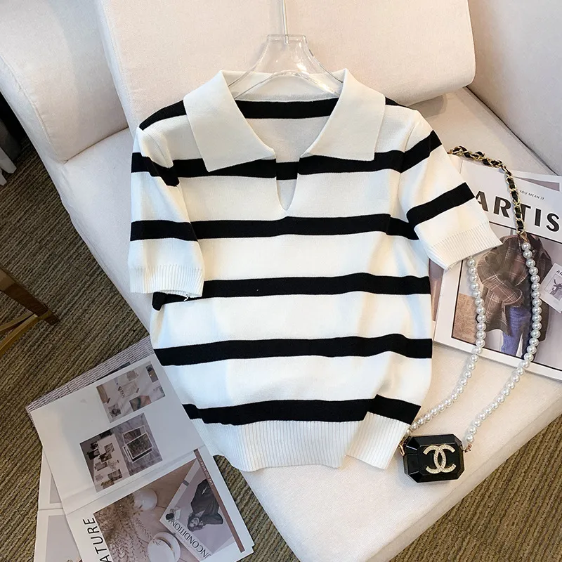 Striped V-neck Short-sleeved T-shirt Ice Silk Knitted Top - Black