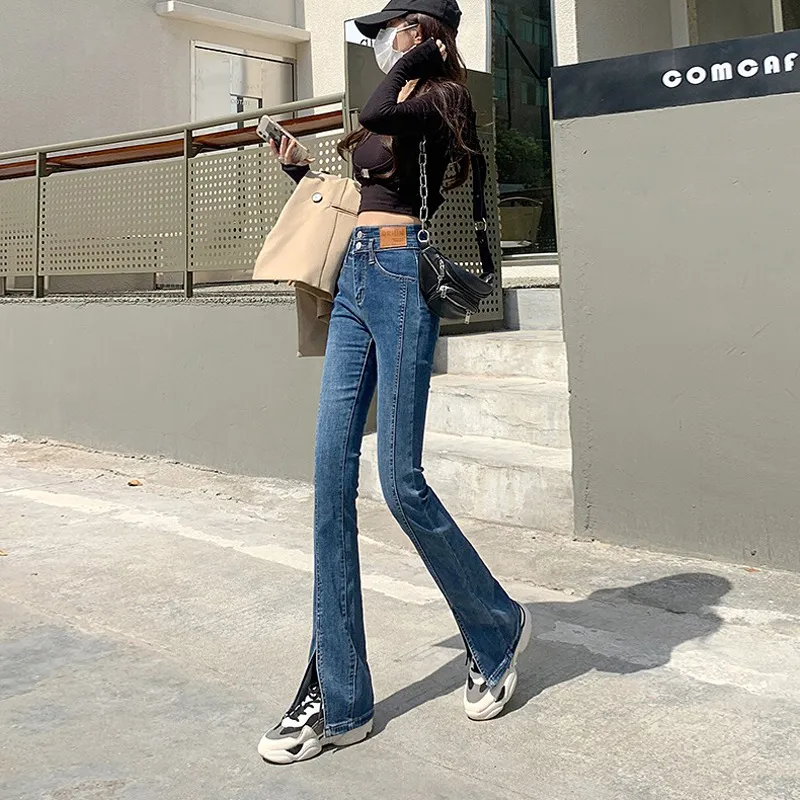 High Waist Straight All-matching Stretch Split Skinny Jeans - Vintage Blue