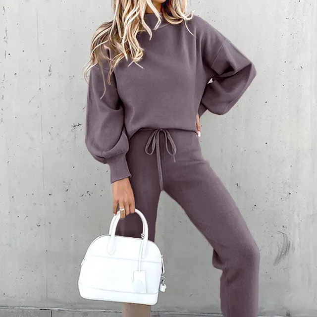 Autumn And Winter Long Sleeve Fleece Fashion Casual Sweater Suit Purple Gray - Shop at LoveMi