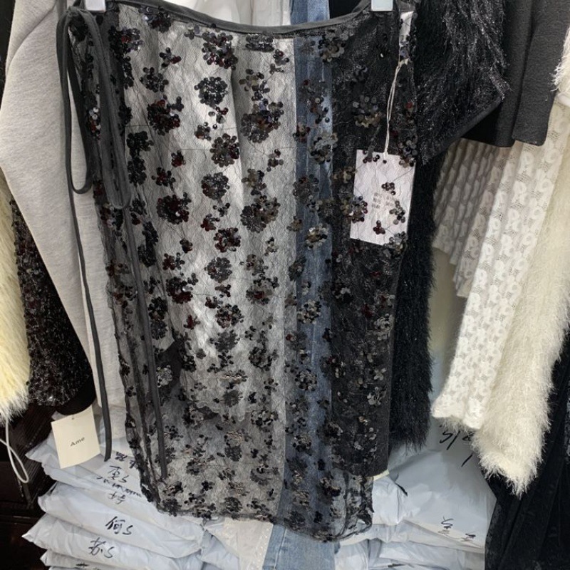 Spring 2024 Korean Lace Sequined See-through Lace One-piece Bandage Dress Skirt