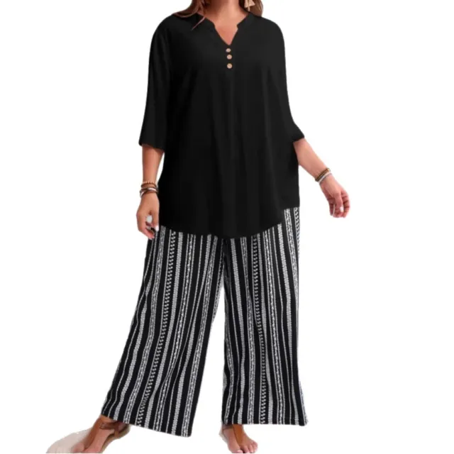Plus size Solid color V neck Short sleeve Top And All print Pants Set Xl Suit - Shop at LoveMi