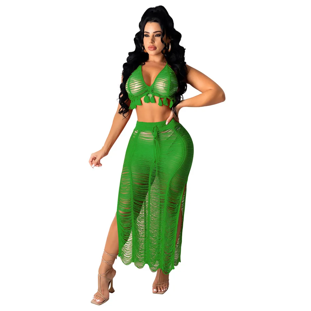 See-through Tassel Knitted Beach Skirt Suit - Green