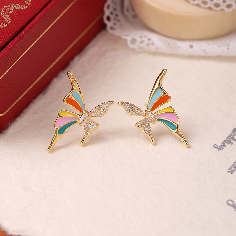 Colorful Enamel Butterfly Earrings For Women Inlaid Zircon