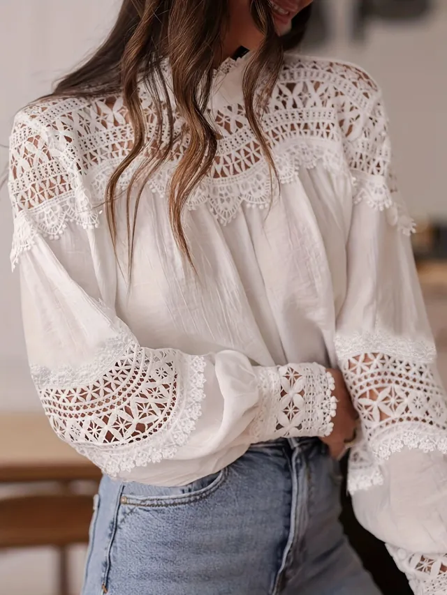 Womens Solid Color Crochet Hollowed Out Flare Sleeve Shirt White - Shop at LoveMi