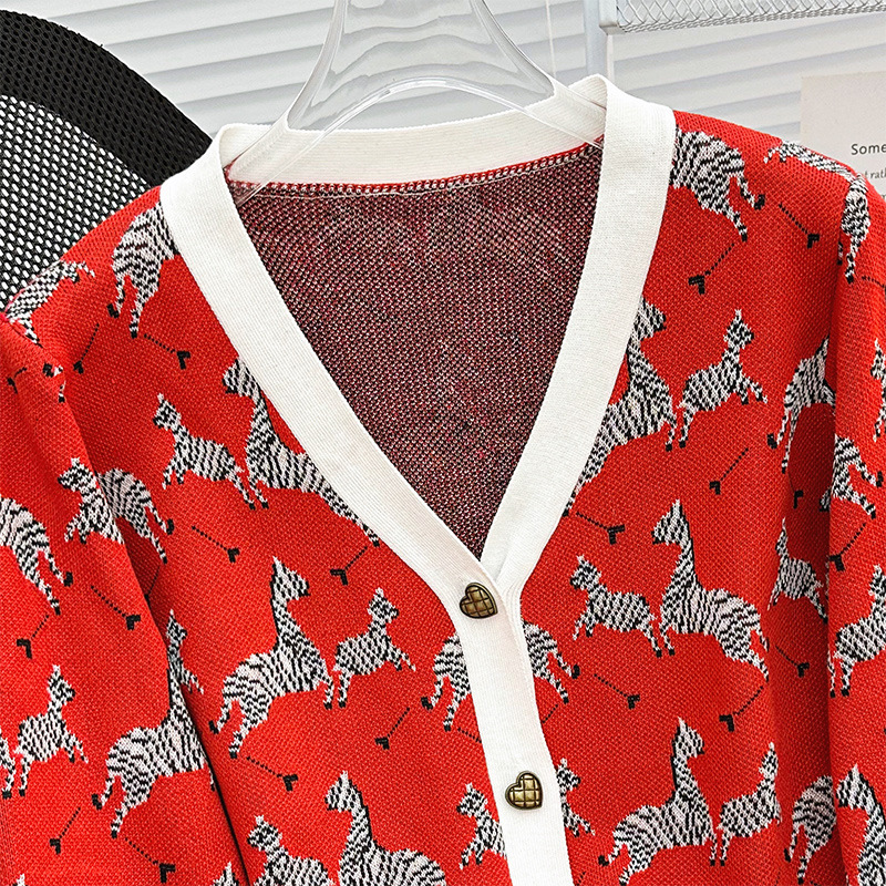 Red Western Style Zebra Jacquard V-neck Long-sleeved Coat For Women