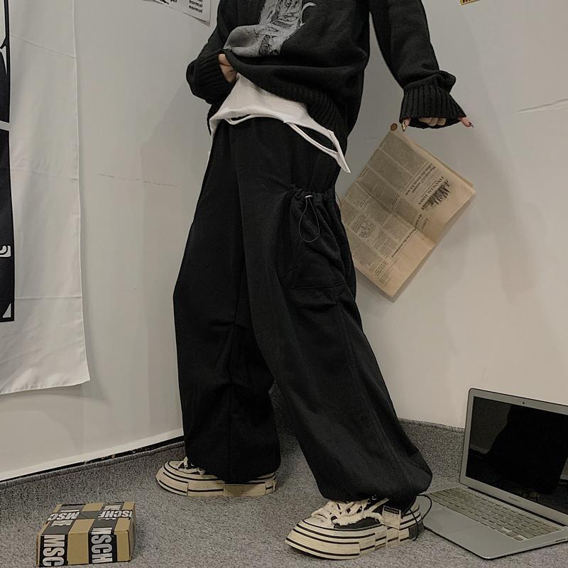 Retro Solid Color Overalls Large Loose Pockets Ankle-tied Sweatpants