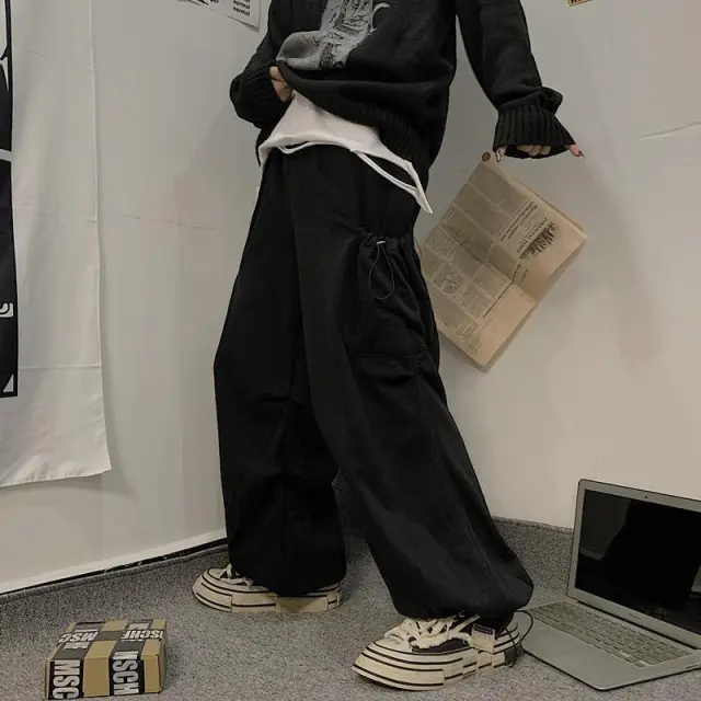 Retro Solid Color Overalls Large Loose Pockets Ankle tied Sweatpants Black - Shop at LoveMi