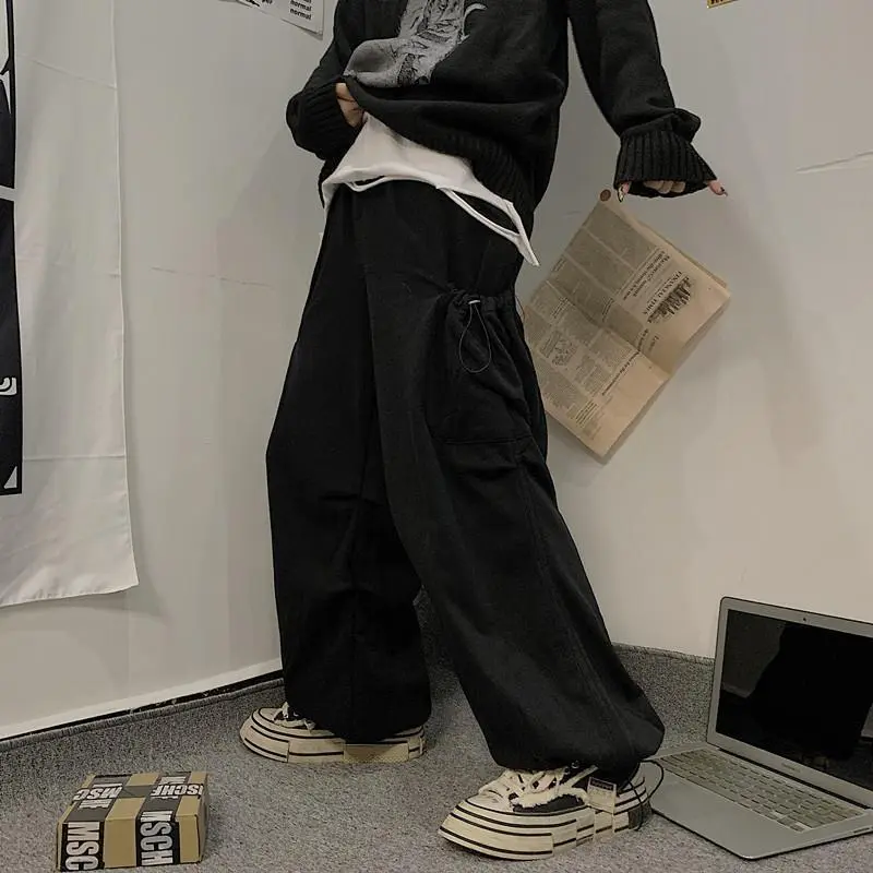 Retro Solid Color Overalls Large Loose Pockets Ankle-tied Sweatpants - Black