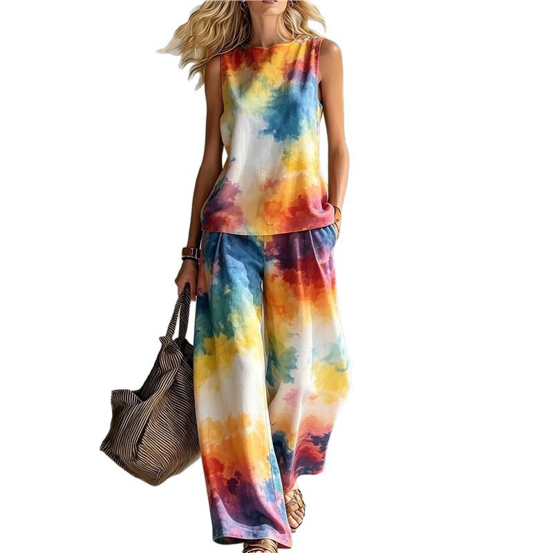 New-style Rainbow Tie-dye Sleeveless Crew-neck Top And Wide-leg Pants Womens Casual Two-piece Set 2