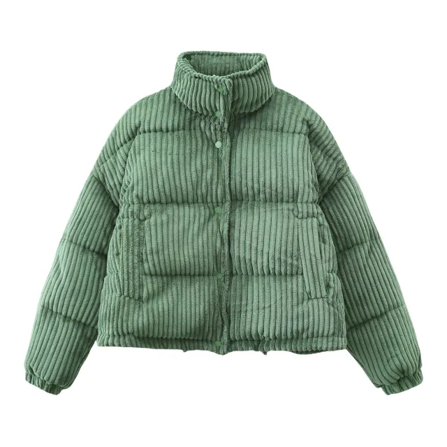 Warm Corduroy Puffer Jacket Coat Short Loose Cotton Coat Green - Shop at LoveMi