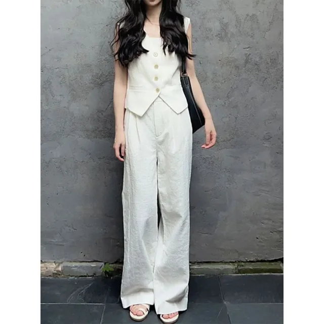 High Waist Wide Leg Pants Two piece Suit Fashionable White Vest - Shop at LoveMi