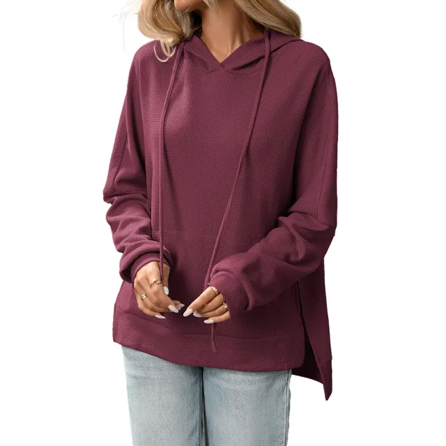 Waffle Knit Pullover Long Sleeve Sweater Wine - Shop at LoveMi