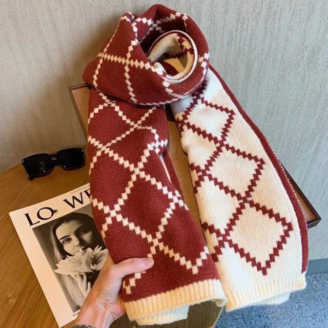 Diamond Plaid Scarf Winter Student Couple Thickened Warm Wool Scarf Wine - Shop at LoveMi