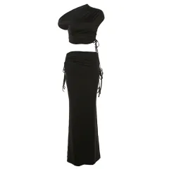 Women's Fashion Slant Shoulder Cropped T-shirt Slim Hip Bag Skirt Suit - Black - View 1