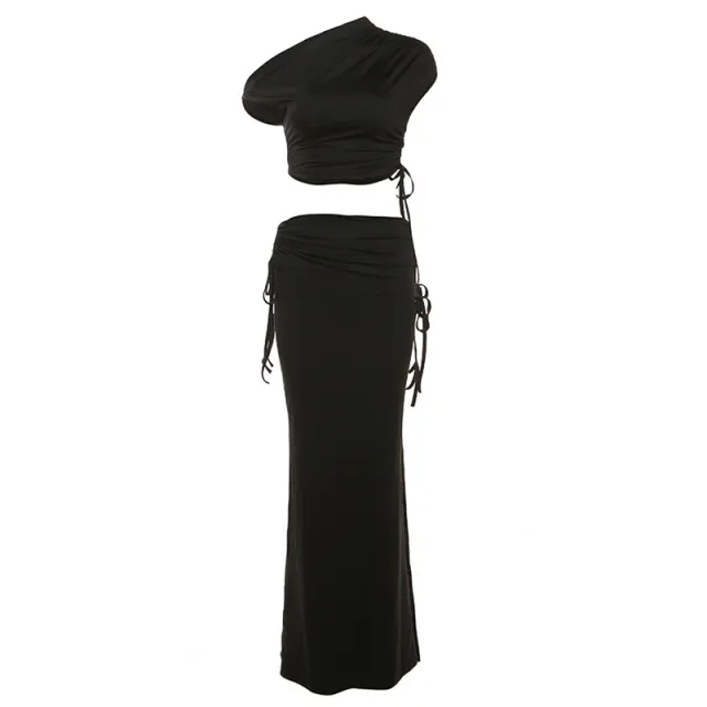 Women's Fashion Slant Shoulder Cropped T shirt Slim Hip Bag Skirt Suit Black - Shop at LoveMi
