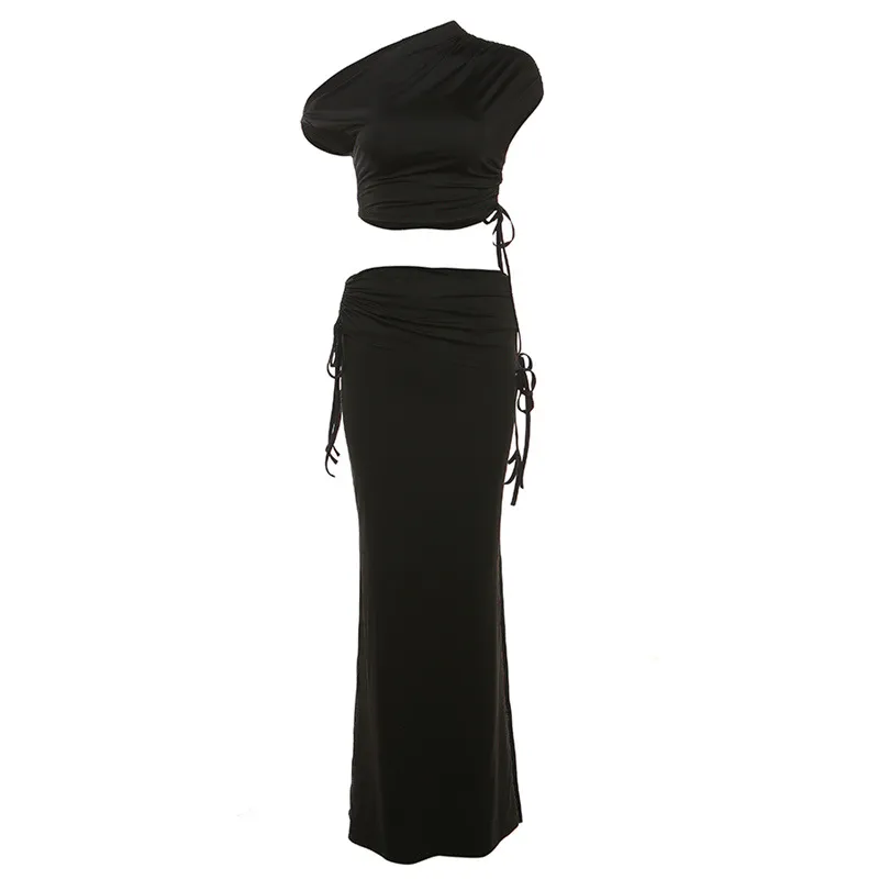 Women's Fashion Slant Shoulder Cropped T-shirt Slim Hip Bag Skirt Suit - Black