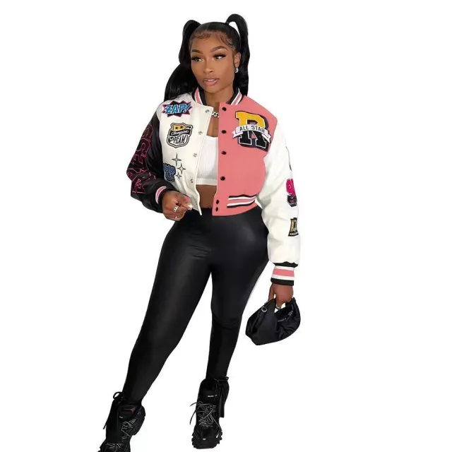 Color Block Press Button Fashion Printed Double Layer Jacket Pink - Shop at LoveMi