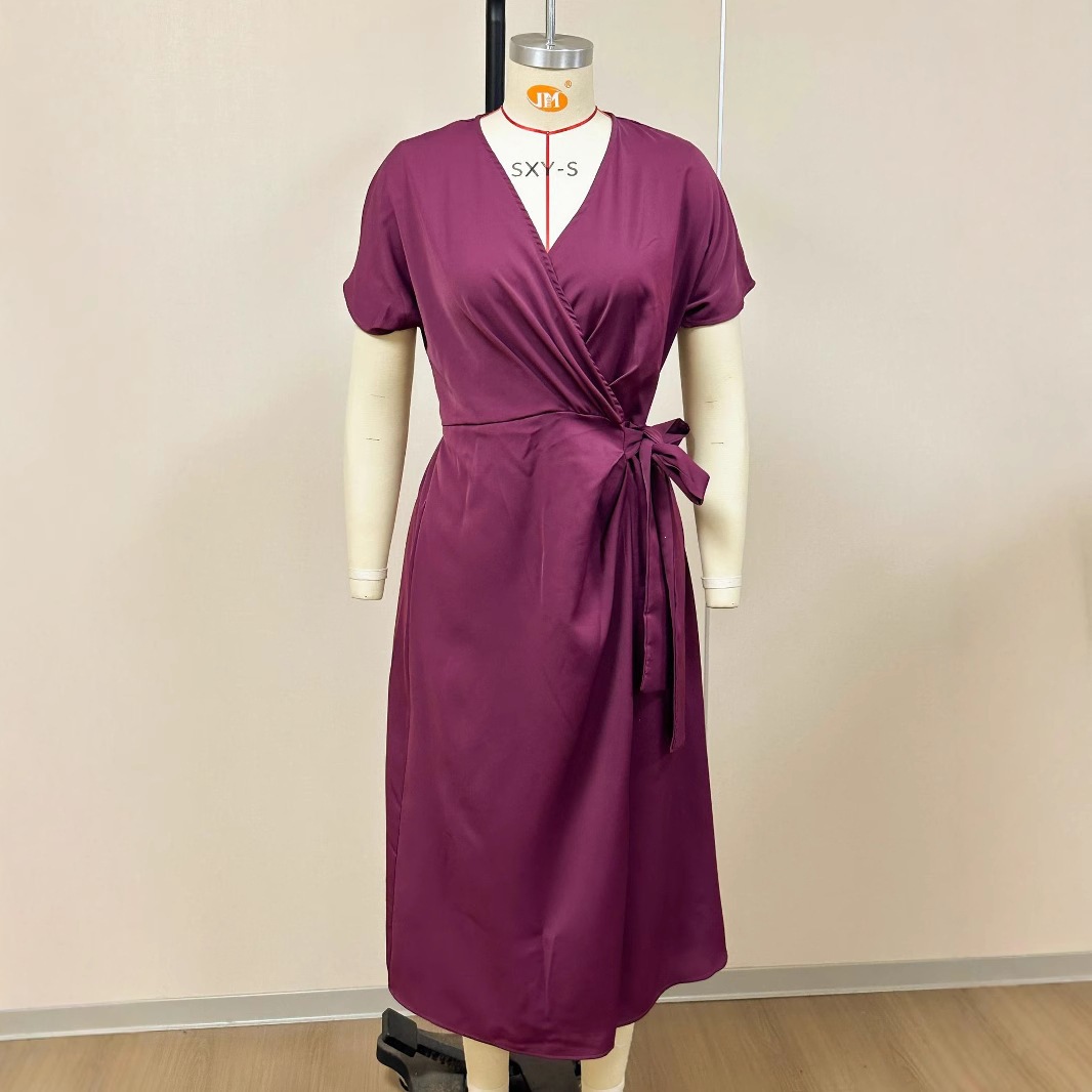 Womens Solid-Color Wrap Dress With Lace-Up Belt