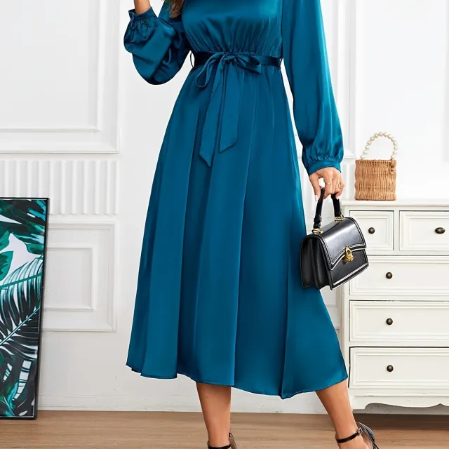 Satin Crew Neck Elegant Long Sleeve Tie Waist A line Dress Malachitegreen - Shop at LoveMi