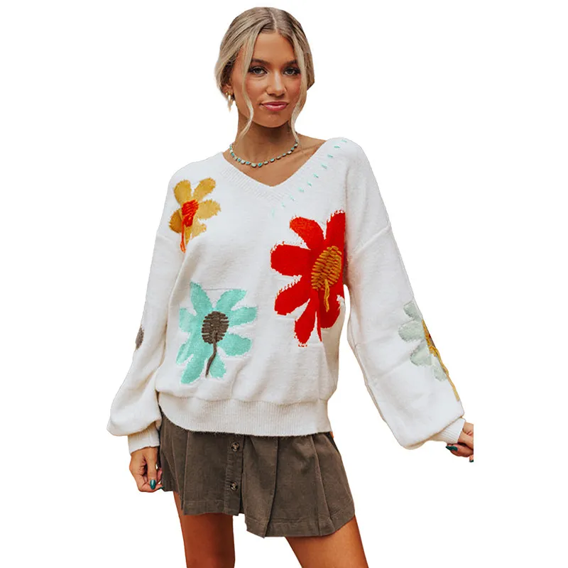 Women's V-neck Knitted Top European And American Leisure Floral Sweater - Lc2725515P1