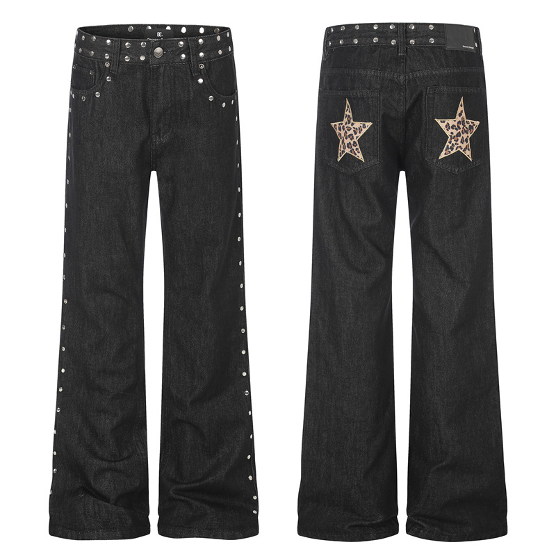 Retro Studded Leopard-print Patch Flared Jeans