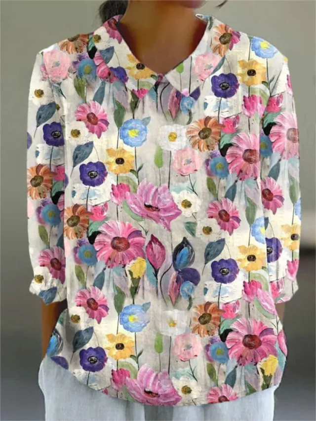 Ladies Flower Fashion Personality Polo Collar Top 6Style 5Xl - Shop at LoveMi