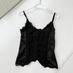 Lace Satin Sweet Slim Fit Small Slip Top 3403 - Black - View 1