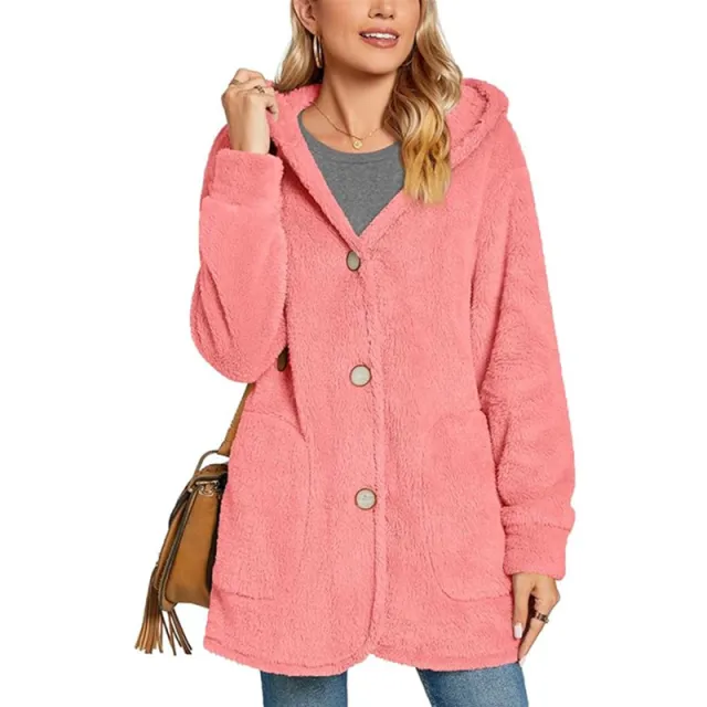 European And American Plush Hooded Button Pocket Cardigan Casual Coat Pink - Shop at LoveMi