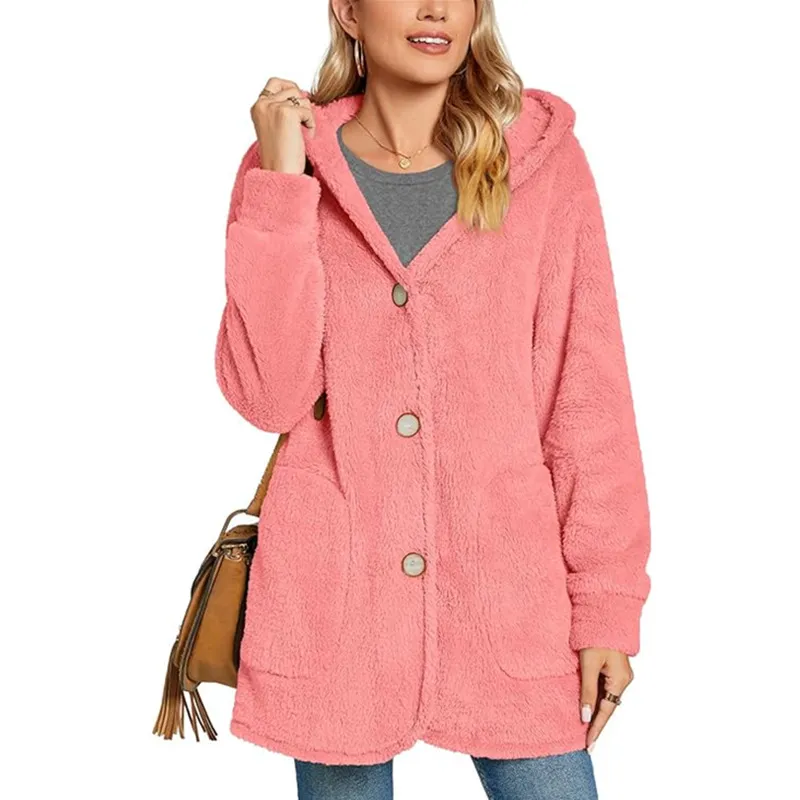 European And American Plush Hooded Button Pocket Cardigan Casual Coat - Pink