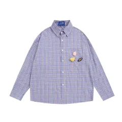 Fine Plaid Long-sleeved Shirt Casual Loose Personality Design Pocket Cardigan Top - Purple - View 1