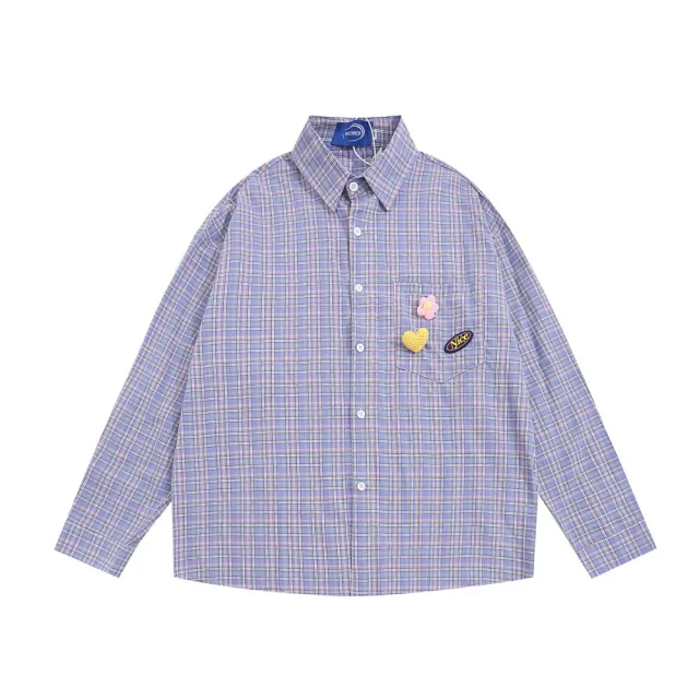 Fine Plaid Long sleeved Shirt Casual Loose Personality Design Pocket Cardigan Top Purple - Shop at LoveMi