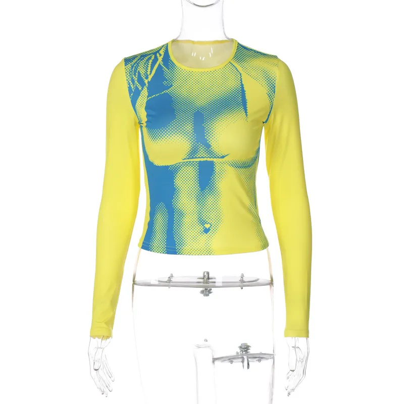 Fashion Print Round Neck Slim Fit Midriff-baring Women's Long-sleeved Top - Yellow