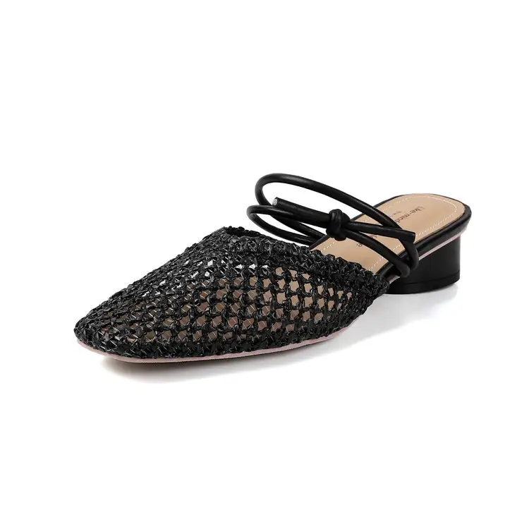 Women's French Style Square Toe Outdoor Hollow-out Breathable Retro Thick Heel Toe Box Half Slippers
