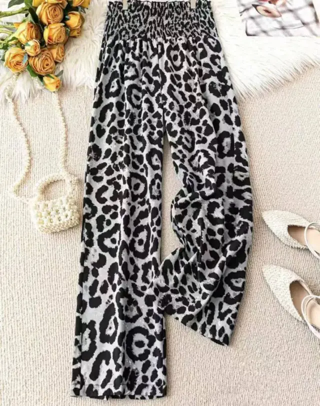 Leopard Print Floral Print Casual Jumpsuit Elastic Waist Loose Wide Leg Pants Gray - Shop at LoveMi