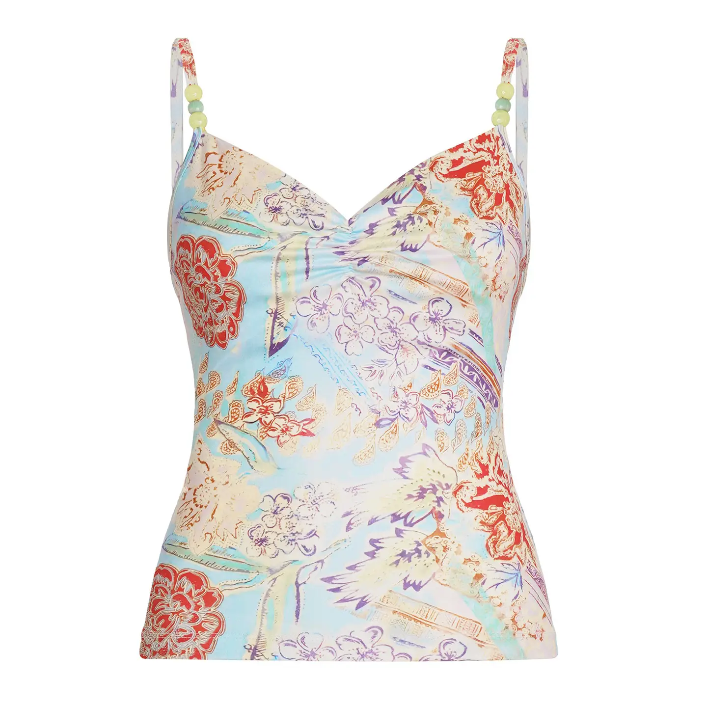 French Retro Printed Contrast Color Beaded Camisole