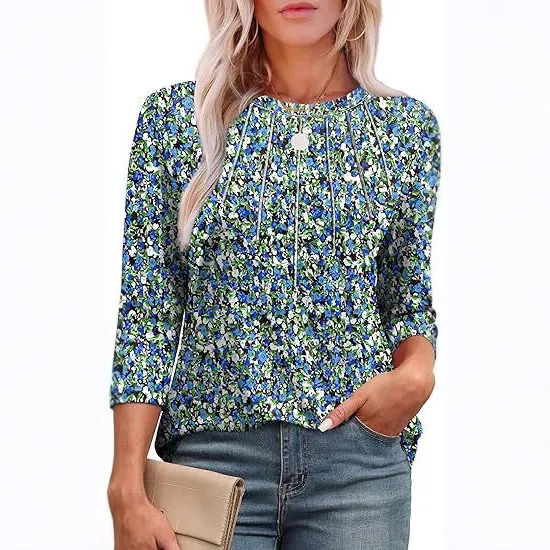 Casual Pleated Round Neck Printed Top Blue Small Floral - Shop at LoveMi