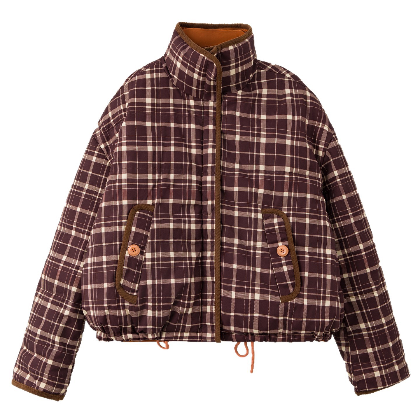 Womens Reversible Quilted Puffer Jacket With Patchwork Plaid Design