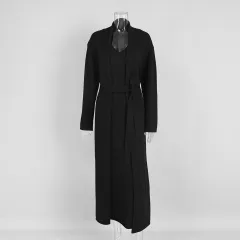 Knitted Long Sleeve Cardigan Suspender Dress Suit - Black - View 1