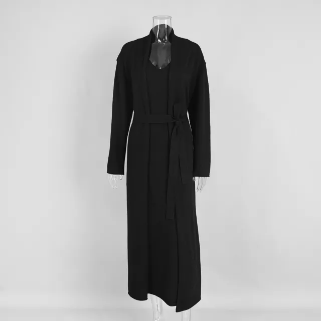 Knitted Long Sleeve Cardigan Suspender Dress Suit Black - Shop at LoveMi