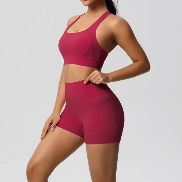 Women's Pure Color Tight Yoga Vest Sports Underwear Shorts Suit Carmine Xl - Shop at LoveMi