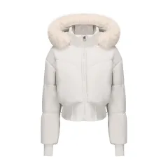 Women's Hooded Large Fur Collar Short Cotton Jacket - Grey - View 1