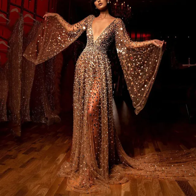 Women's New Dress Long Sleeve Deep V See through Gold Sprinkling - Shop at LoveMi