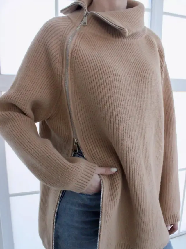 Idle Style Turtleneck Zipper Knitwear Sweater Loose Long Sleeve Top Khaki - Shop at LoveMi