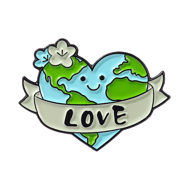 Earth Protection Text Badge Heart-Shaped Plant Pin Brooch