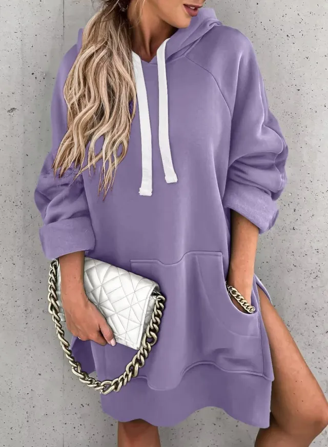 Women's Solid Color Hooded Mid length Sweater Purple - Shop at LoveMi