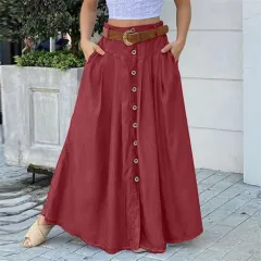 Fall Women's Long Dress Button High Waist Pure Colour Pocket Casual - Wine Red - View 1