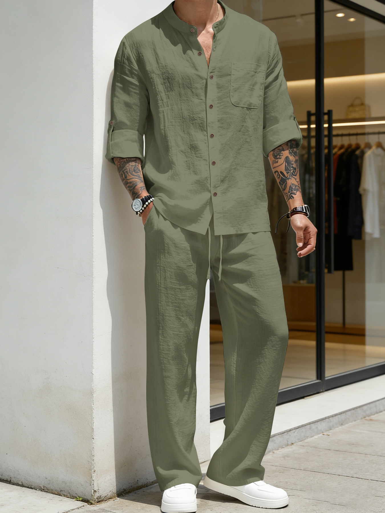 Mens Solid-Color Linen Long-Sleeve Shirt And Pants Two-Piece Set 8