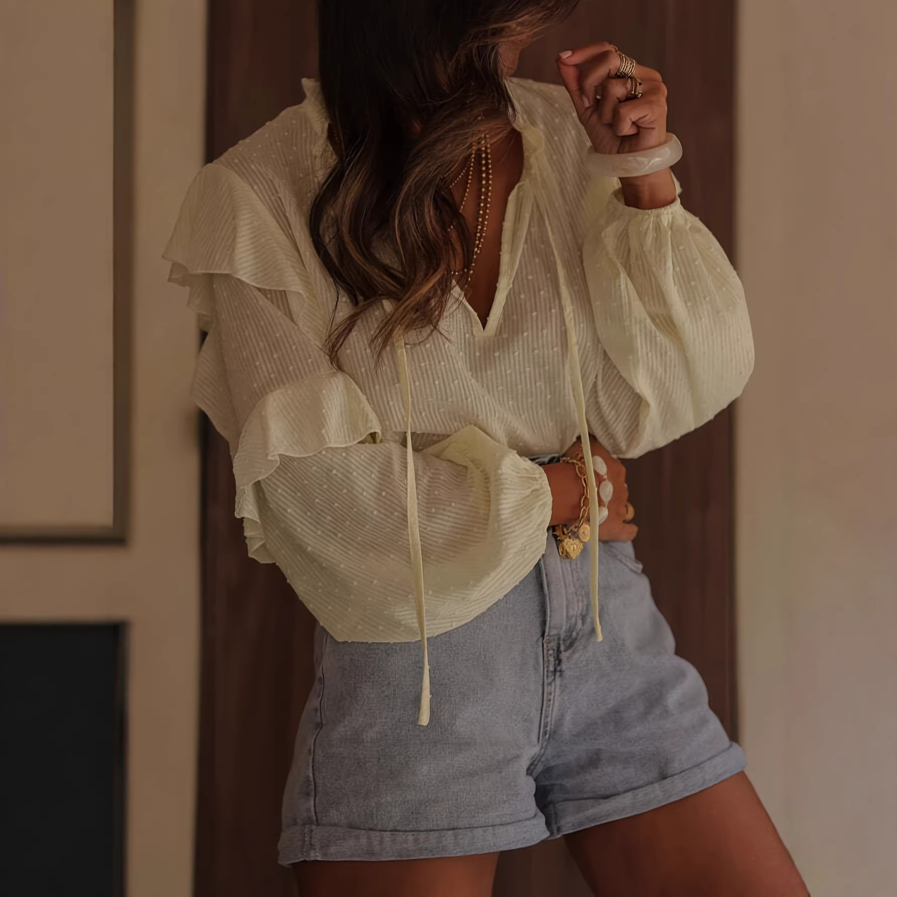 Spring New Arrival Loose-Fit Lace-Up Collar Commuter Shirt Versatile And Chic Pullover Top